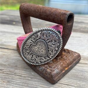 Pink and Silver Heart Buckle & Tooled leather Belt